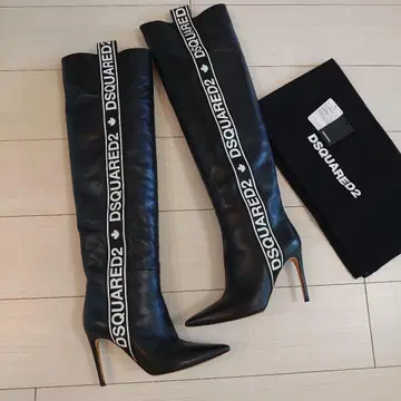 DSQUARED2 슬림 레그 가죽 니하이 부츠 로고 38 롱 싸이하이