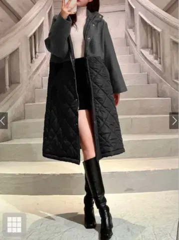 GRL 퀼팅X페이크 울 스탠드 카라 롱 코트