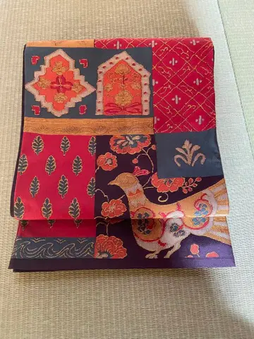 후쿠로 오비 새와 꽃 자수 패치워크 디자인