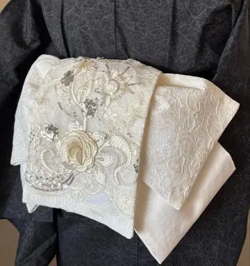 레이스 반폭 오비 아이보리 플라워 모티브