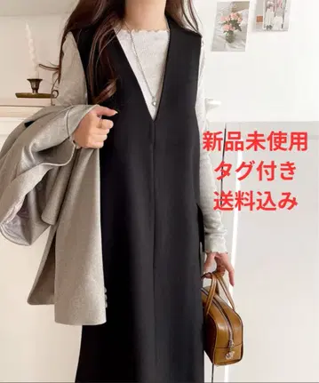 포켓 부착 V넥 원피스 (롱 기장)