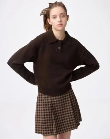 GU 퍼프 니트 피케 셔츠 다크 브라운 M 사이즈