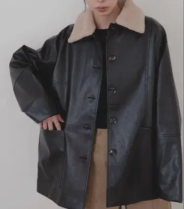 LIAN 보아 옷깃 인조 가죽 커버올 자켓