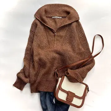 SHENERY 시너리 라메사 ZIP 니트 풀오버 브라운 하프 지퍼