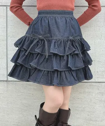 핏 FINT 더블 리본 프릴 데님 미니 스커트 (네이비)