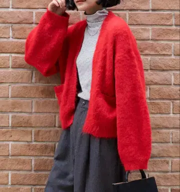 샤기 니트 가디건 빨간색 볼레로 기장 프릭스스토어