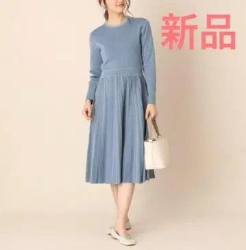 새상품 아나텔리어 울 혼방 허리 절개 니트 원피스 프릴 옷깃 블루 파랑