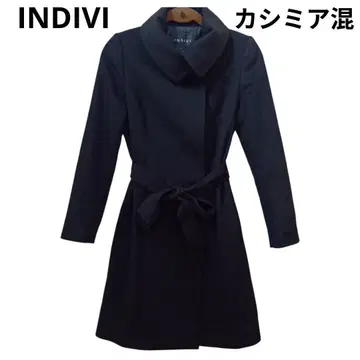 INDIVI 롱 코트 캐시미어 혼방 블랙 허리 리본 포함