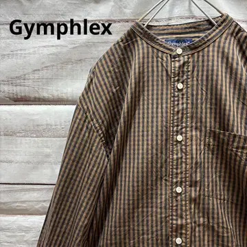 Gymphlex 깅엄 체크 밴드 카라 셔츠 일본제 L 브라운 블랙