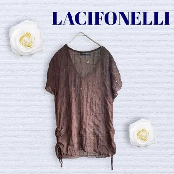 라시포넬리 튜닉 시어 소재 브라운 스팽글 반팔 체형 커버