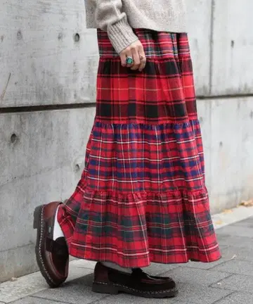 BEAMS BOY / 플란넬 타탄 체크 티어드 롱 스커트
