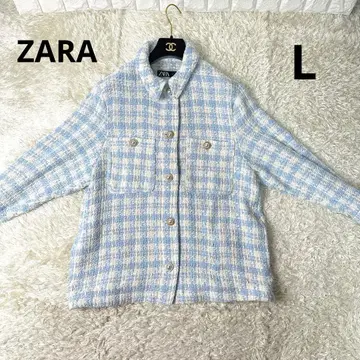 ZARA 체크 무늬 트위드 자켓 블루 금 펄 버튼 L 빅 사이즈