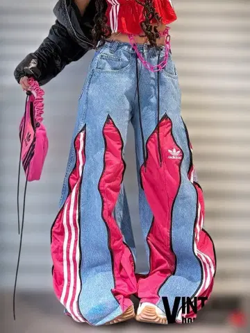 리메이크 adidas 4 지퍼 디자인 데님 와이드 팬츠 핑크101209