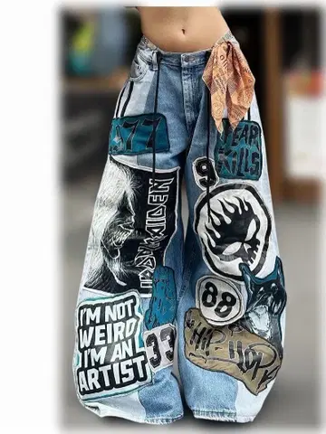 재구축 리메이크 그래픽 와이드 레그 데님 팬츠 101220