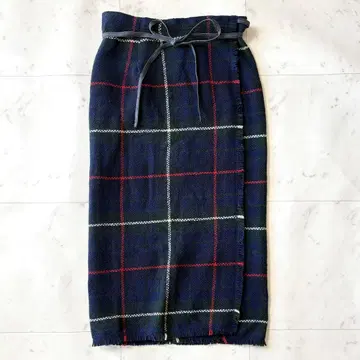 컨디션 최상 45rpm 울 네이비 체크 무늬 랩 스커트 랩 프린지