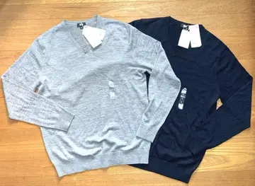 새상품 엑스트라 파인 메리노 V넥 스웨터 남성용 L 2장 네이비 그레이