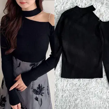 [새상품급] 머큐리 듀오 숄더 펄 체인 롱 슬리브 니트