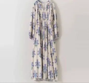 누키테파 코튼 자카드 마리골드 프린트 셔링 드레스