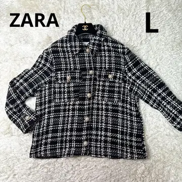 ZARA 체크 무늬 트위드 자켓 블루 금 펄 버튼 L 빅 사이즈