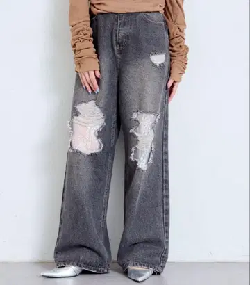 Kastane 레이스 데님 팬츠 블랙