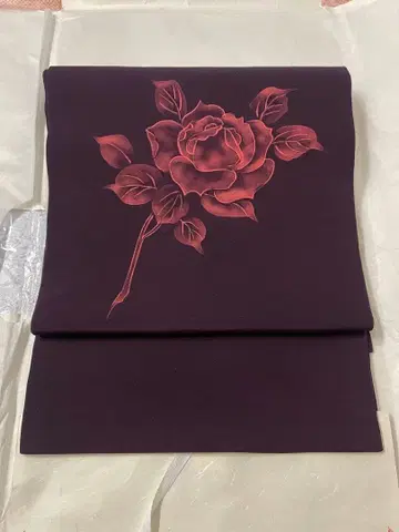 나고야 오비 손글씨 장미 무늬 깊은 보라색 앤티크