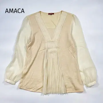 새상품급 AMACA 시어 슬리브 니트 상의 38 플리츠 아이보리