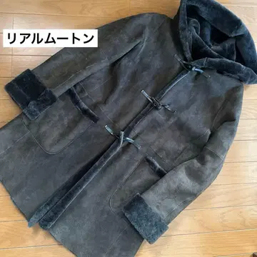 영국제 그레이 무스탕 코트 후드 부착 M 여성용 새상품급 천연 가죽