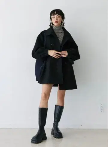 jouetie 오버 사이즈 더블 브레스트 A 라인 코트 블랙