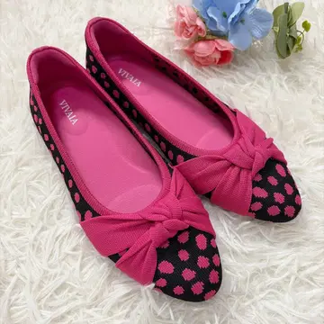 미사용급 VIVAIA 아몬드 토 플랫슈즈 도트 무늬 리본 36