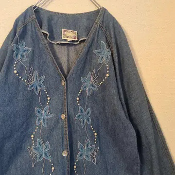 미국 빈티지 의류 꽃 자수 비즈 데님 자켓 빈티지 90s 여성 빈티지