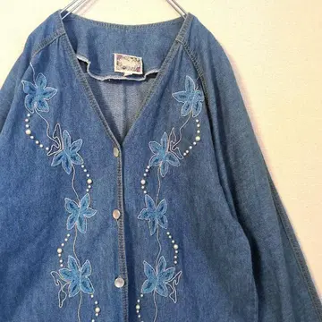 미국 빈티지 의류 꽃 자수 비즈 데님 자켓 빈티지 90s 여성 빈티지