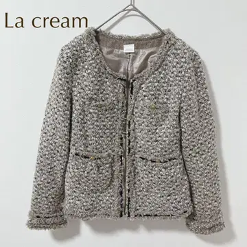 라크림 트위드 노카라 자켓 골드 버튼 프린지 아바하우스