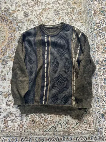 80년대 울 혼방 기하학 패턴 스웨터 올리브 그린