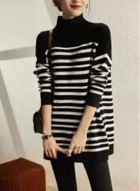 여성용 스트라이프 니트 스웨터 보더 긴팔 루즈핏