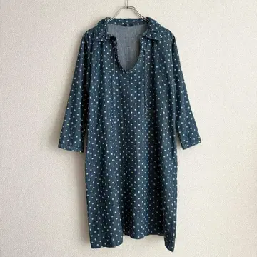 [컨디션 최상] 45R 인디고 도트 드레스 네이비 나염 코튼 100%