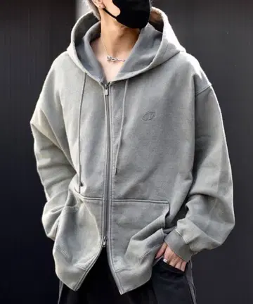 CLEL 헤비 웨이트 로고 자수 풀 집업 후드티 빈티지 그레이 M 사이즈