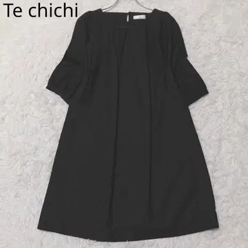 테치치 셔츠 원피스 롱 기장 플레어 개더 7부 기장 심플 블랙