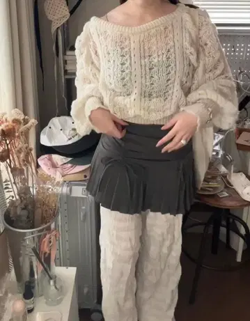 펠리큘 리본 플리츠 스커트 그레이