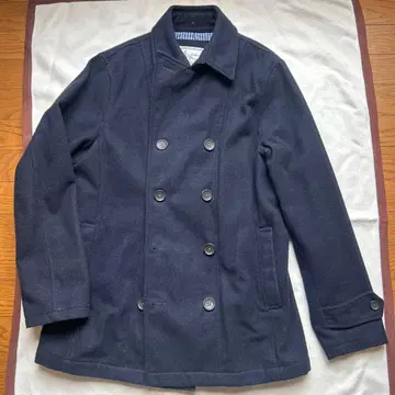 네이비 울 더블 브레스트 피 코트