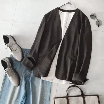 겨울 차콜 다크 그레이 멋스러운 그린 라벨 릴랙싱 노카라 자켓