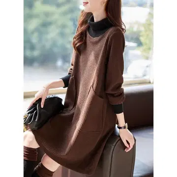 브라운 니트 원피스 긴팔 포켓 부착