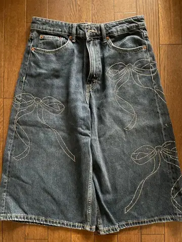 ZARA 리본 비쥬 장식 다크 블루 데님 팬츠