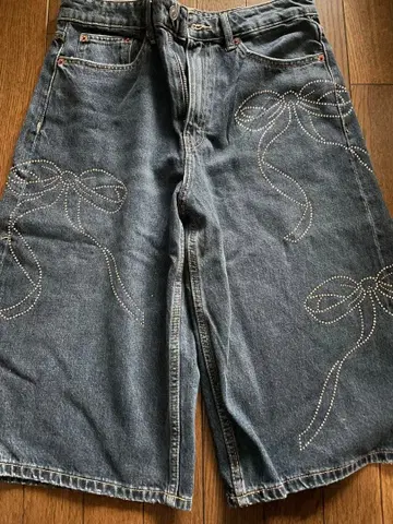 ZARA 리본 비쥬 장식 다크 블루 데님 팬츠