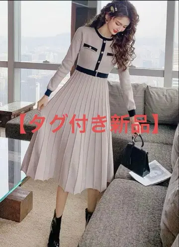 [택 포함 새상품] Randy 니트 원피스 플리츠 바이컬러 고급스러운