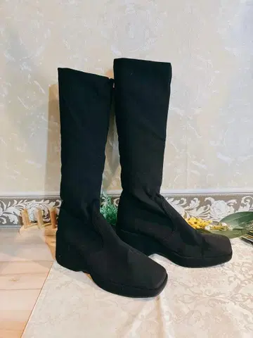 스트레치 롱 부츠 웨지힐 피로하지 않은 힐 일본제 23cm 블랙 미사용품