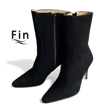 핀 천연 가죽 스웨이드 스틸레토 사이드 지퍼 힐 숏부츠 블랙