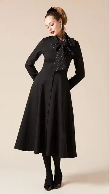 JENNE 도트 보타이 더블 크로스 원피스 블랙 M