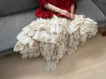 핑크하우스 테디베어 패턴 볼륨 롱 스커트 아이보리