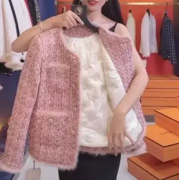 트위드 자켓 여성용 충전솜 가을/겨울 오피스 핑크