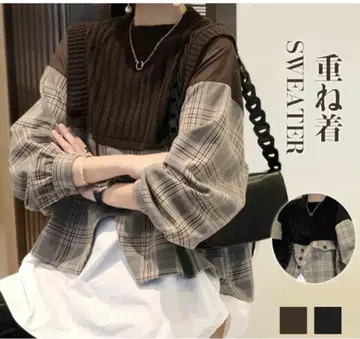 레이어드 스타일 브라운 체크 니트 스웨터